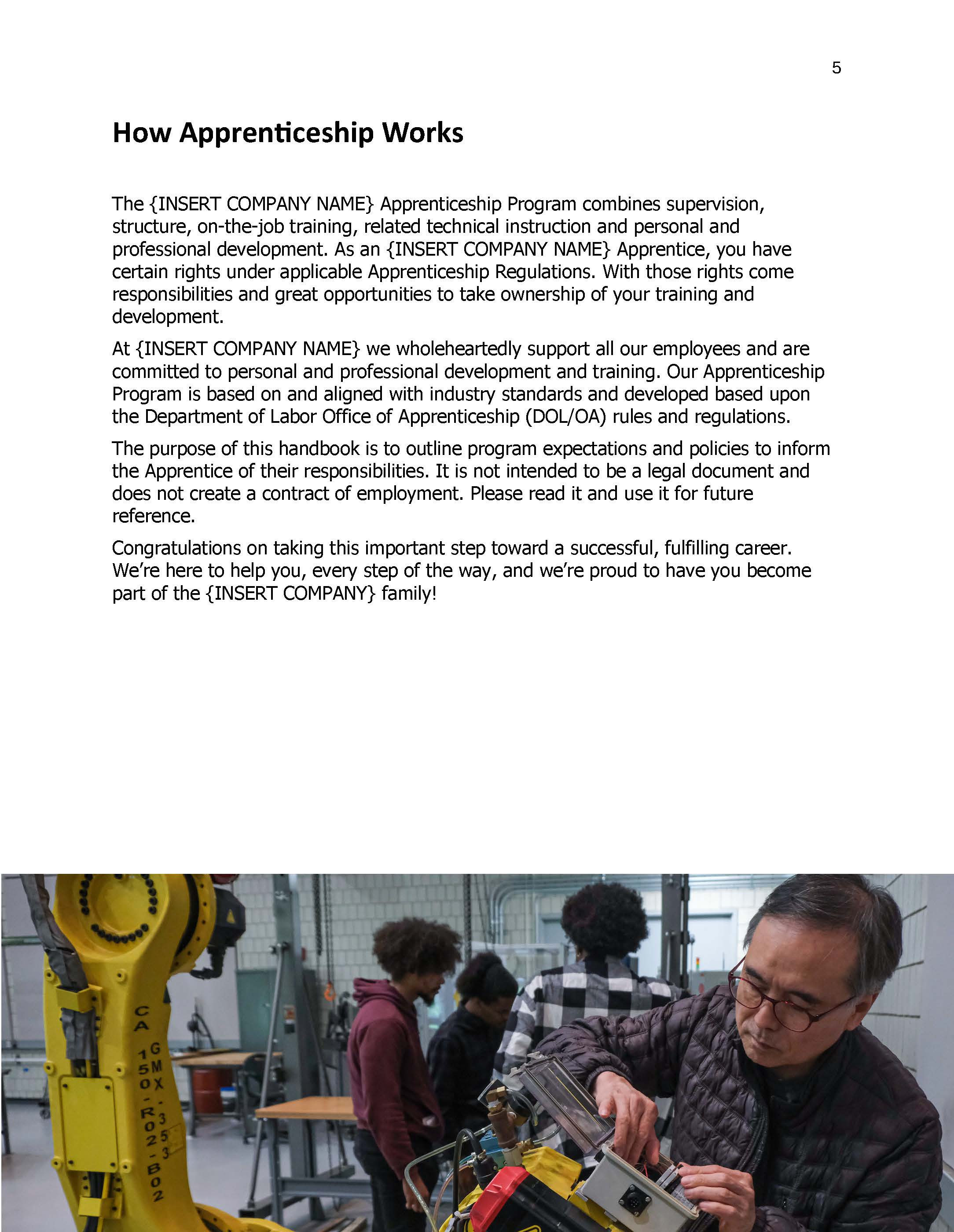 Handbook page with image of apprentice working on robot